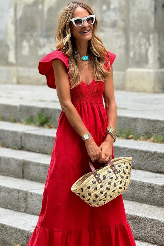 Fiery Red V Neck Flutter Sleeve Smocked Bodice High Waist Ruffle Maxi Dress - Chaelisa's New Jammies