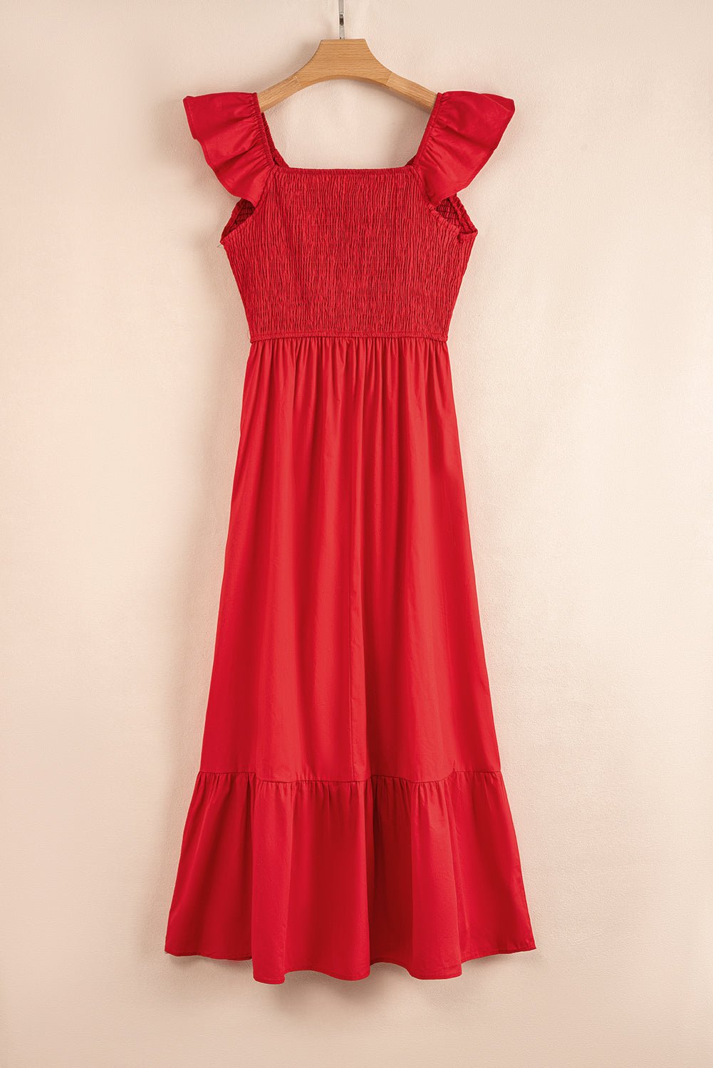 Fiery Red V Neck Flutter Sleeve Smocked Bodice High Waist Ruffle Maxi Dress - Chaelisa's New Jammies