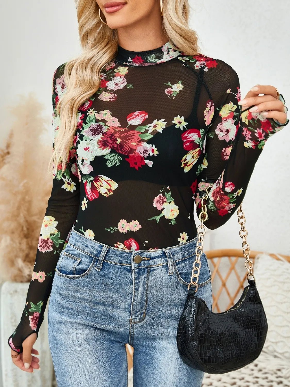 Floral Mock Neck Long Sleeve Top - Chaelisa's New Jammies