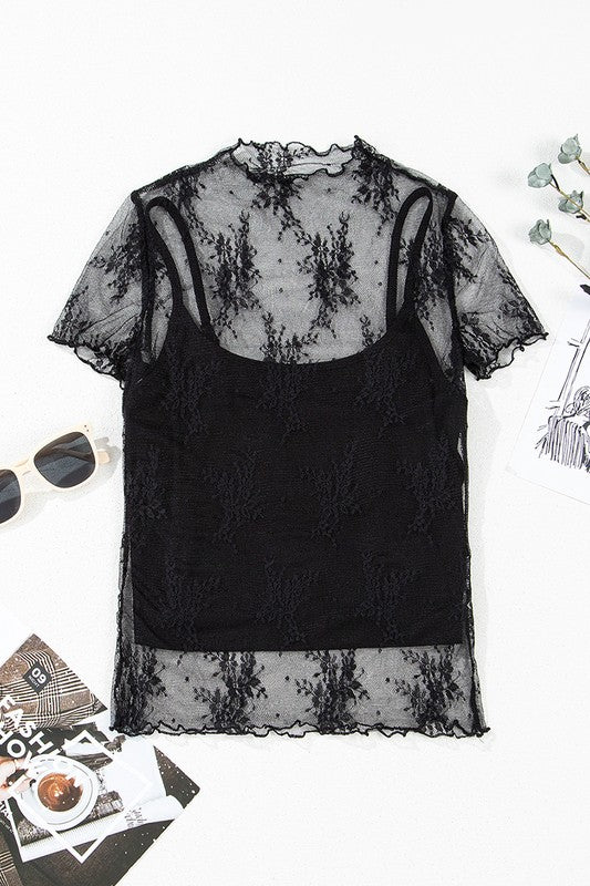 Floral Sheer Mesh Short Sleeve Mock Neck Blouse - Chaelisa's New Jammies