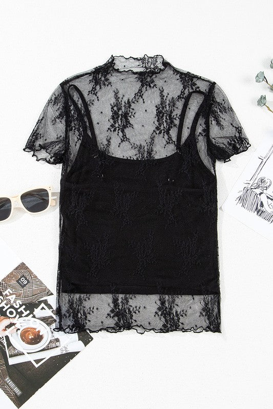 Floral Sheer Mesh Short Sleeve Mock Neck Blouse - Chaelisa's New Jammies