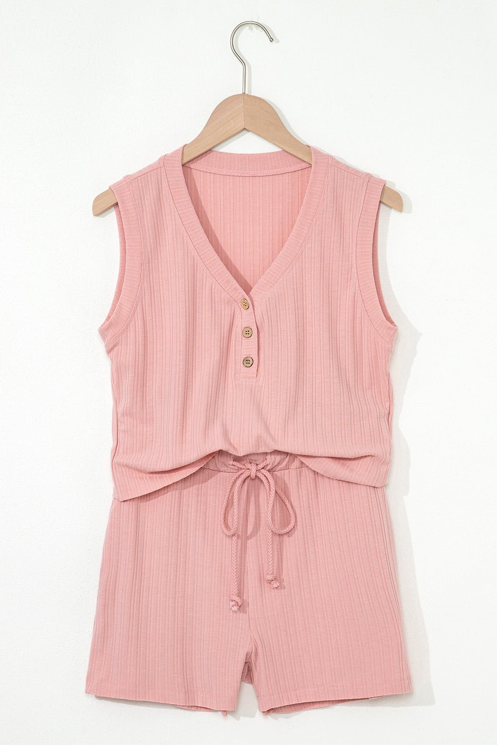 Gossamer Pink Ribbed Button V Neck Tank Top and Shorts Set - Chaelisa's New Jammies