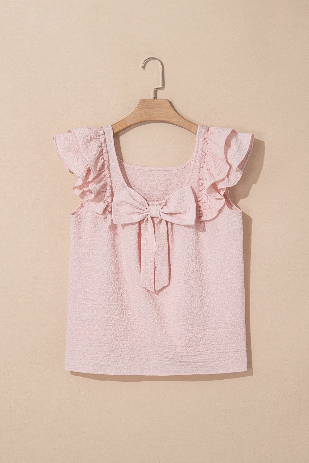 Gossamer Pink Textured Bow Knot Frilled Butterfly Sleeve Blouse - Chaelisa's New Jammies