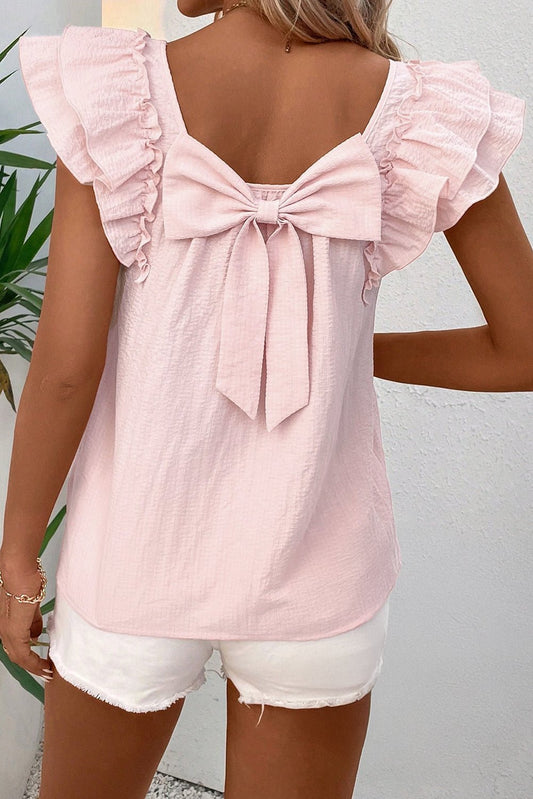 Gossamer Pink Textured Bow Knot Frilled Butterfly Sleeve Blouse - Chaelisa's New Jammies