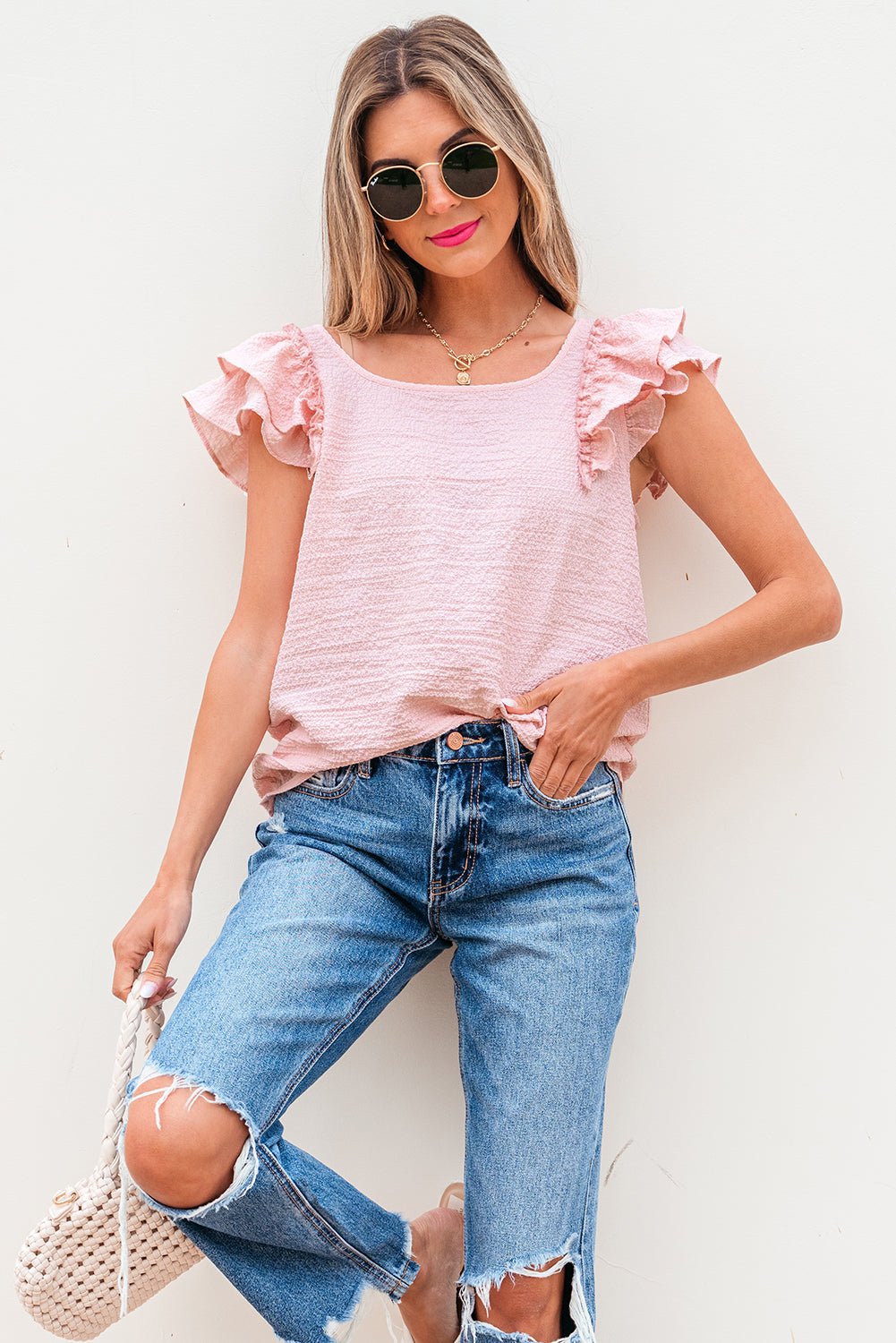 Gossamer Pink Textured Bow Knot Frilled Butterfly Sleeve Blouse - Chaelisa's New Jammies