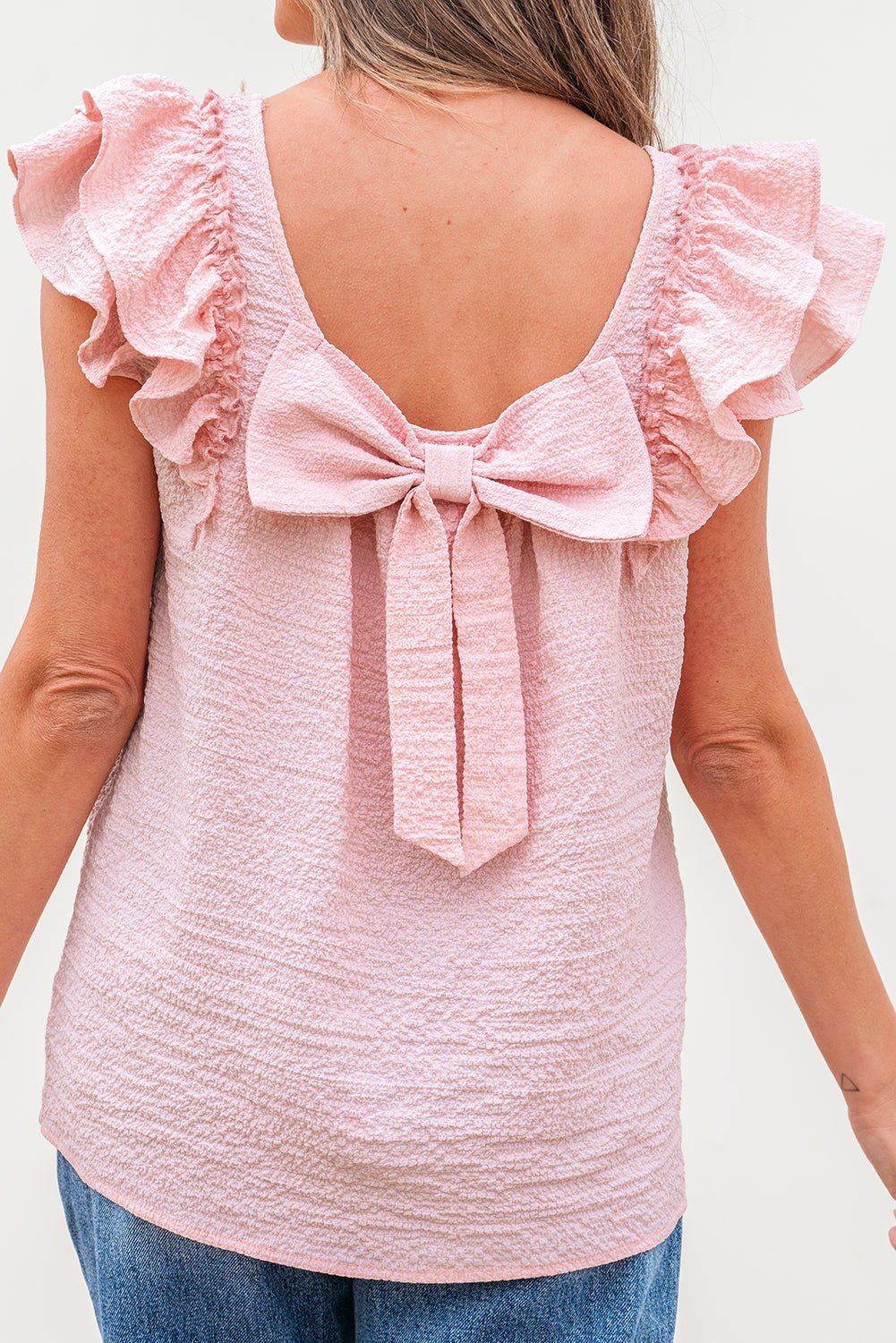 Gossamer Pink Textured Bow Knot Frilled Butterfly Sleeve Blouse - Chaelisa's New Jammies
