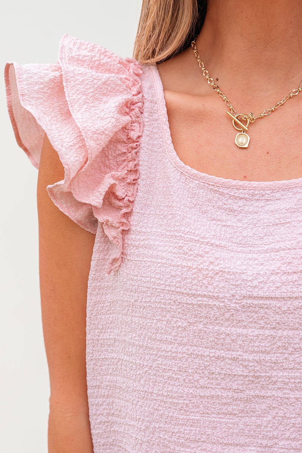 Gossamer Pink Textured Bow Knot Frilled Butterfly Sleeve Blouse - Chaelisa's New Jammies