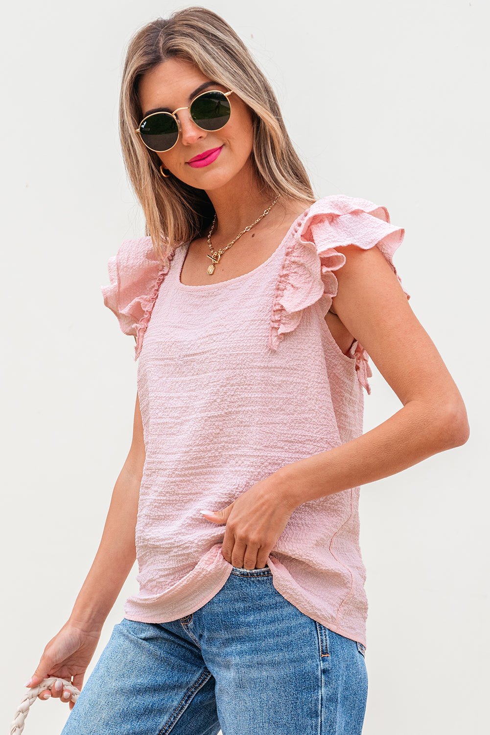 Gossamer Pink Textured Bow Knot Frilled Butterfly Sleeve Blouse - Chaelisa's New Jammies