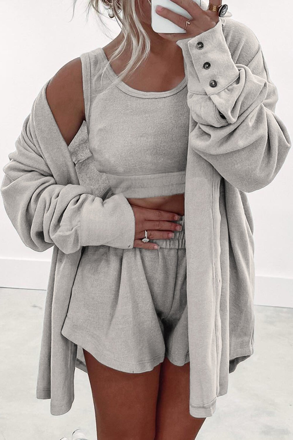 Gray 3 Pcs Crop Tank Top Shorts with Cardigan Lounge Set - Chaelisa's New Jammies
