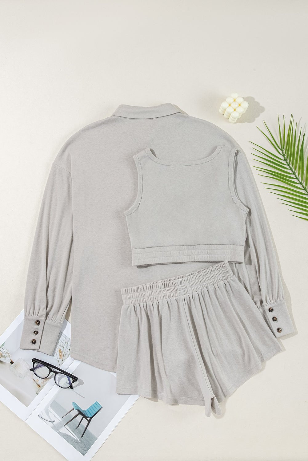 Gray 3 Pcs Crop Tank Top Shorts with Cardigan Lounge Set - Chaelisa's New Jammies