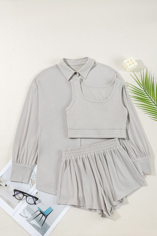 Gray 3 Pcs Crop Tank Top Shorts with Cardigan Lounge Set - Chaelisa's New Jammies