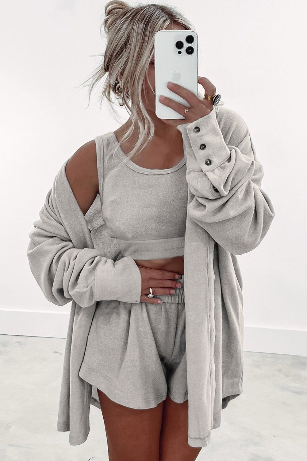 Gray 3 Pcs Crop Tank Top Shorts with Cardigan Lounge Set - Chaelisa's New Jammies