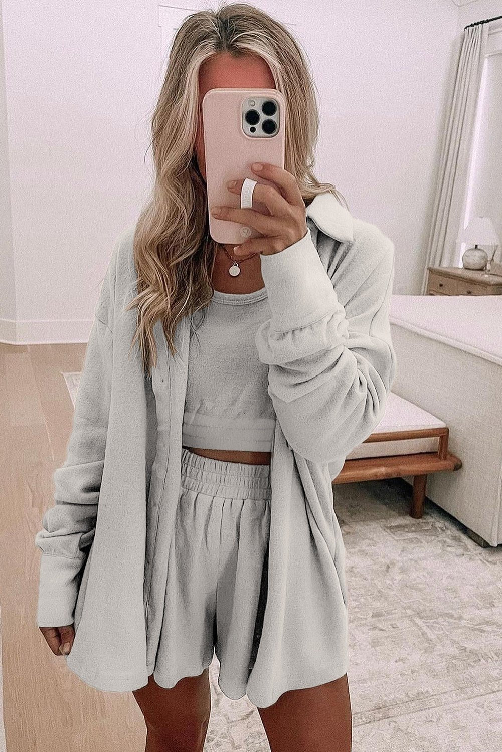 Gray 3 Pcs Crop Tank Top Shorts with Cardigan Lounge Set - Chaelisa's New Jammies