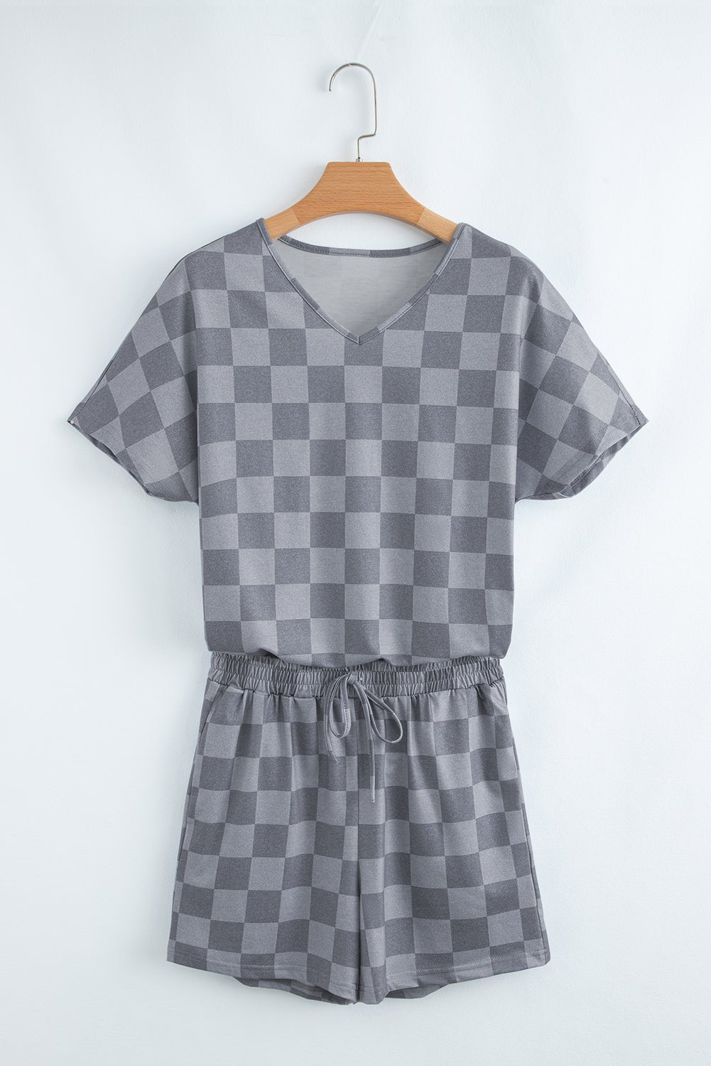 Gray Checkered V Neck Tee Drawstring Shorts Lounge Set - Chaelisa's New Jammies