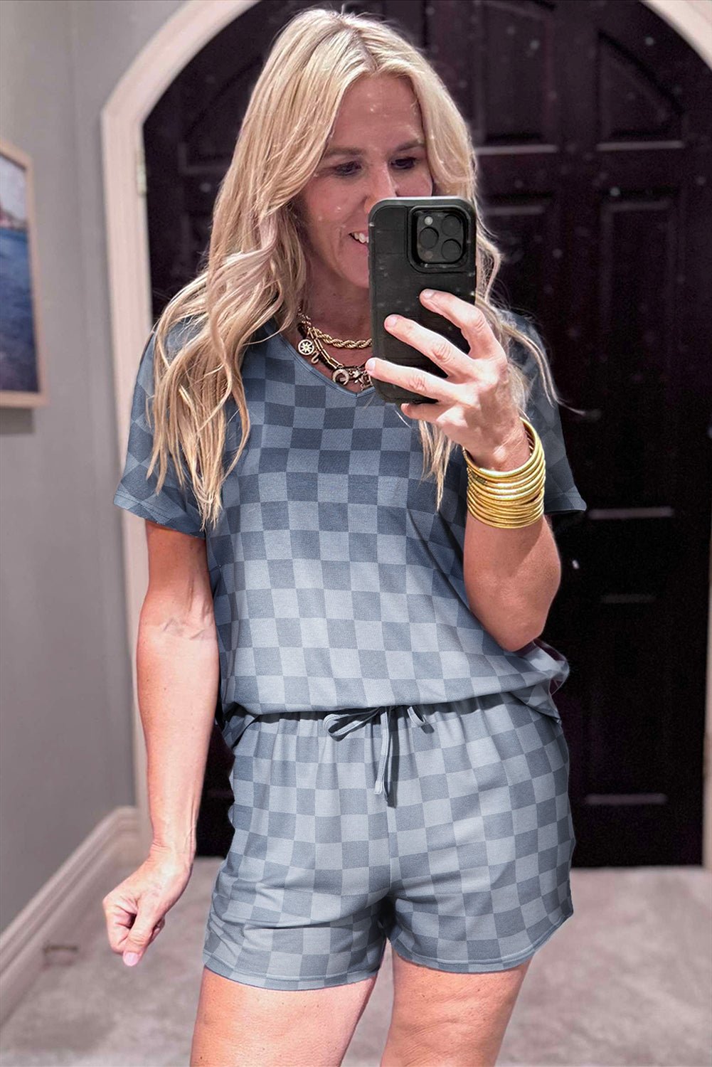 Gray Checkered V Neck Tee Drawstring Shorts Lounge Set - Chaelisa's New Jammies