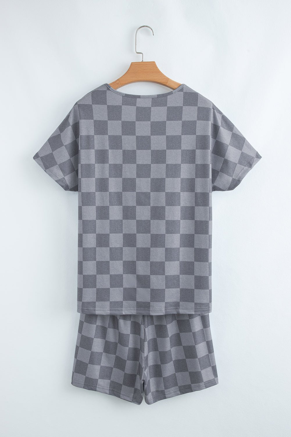 Gray Checkered V Neck Tee Drawstring Shorts Lounge Set - Chaelisa's New Jammies