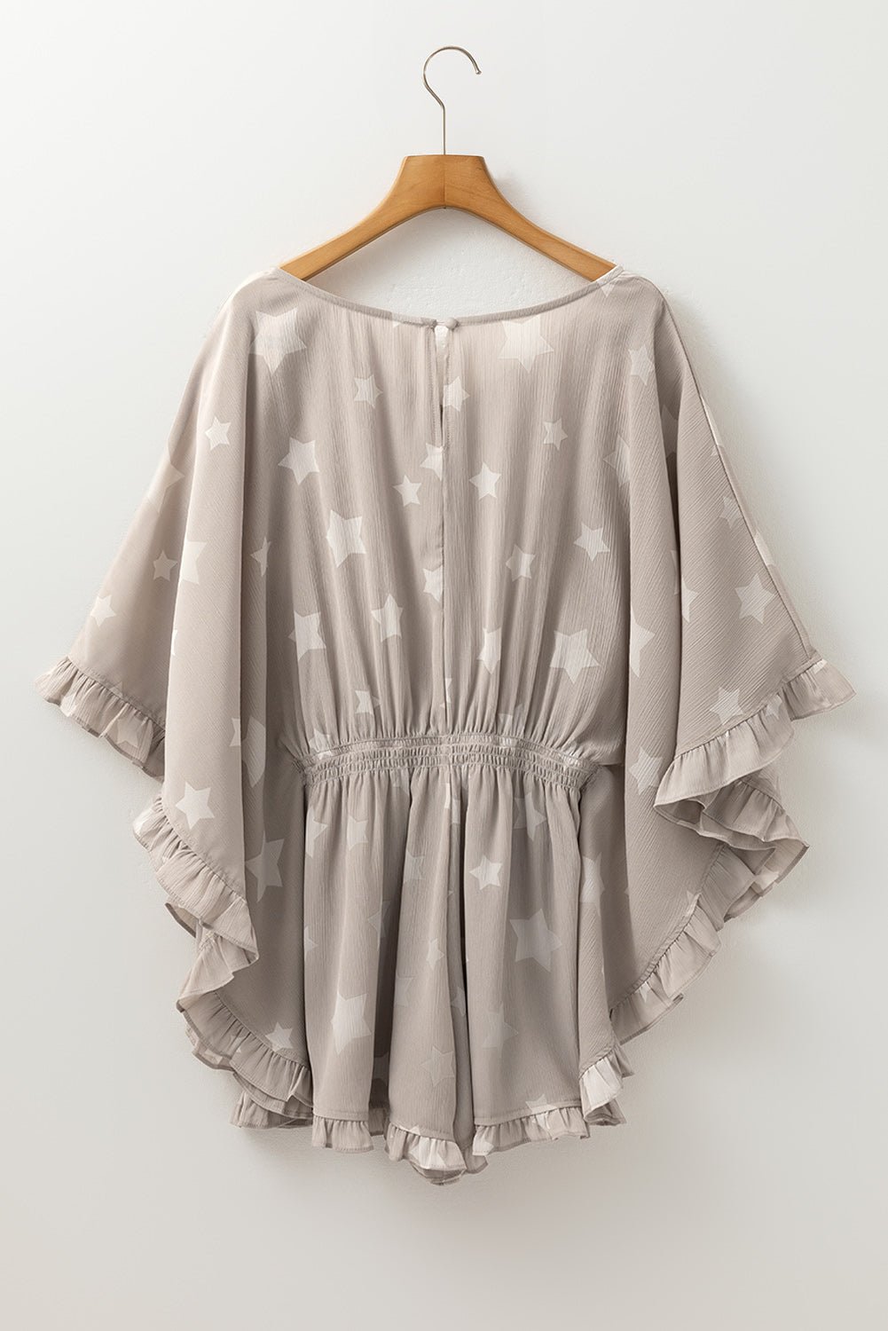 Gray Star Print Crinkle Textured Kimono Ruffle Sleeve Romper - Chaelisa's New Jammies