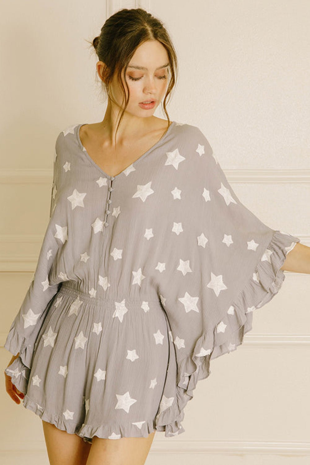 Gray Star Print Crinkle Textured Kimono Ruffle Sleeve Romper - Chaelisa's New Jammies
