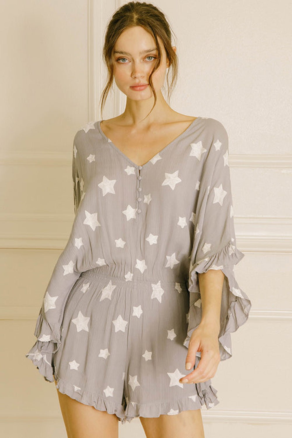Gray Star Print Crinkle Textured Kimono Ruffle Sleeve Romper - Chaelisa's New Jammies