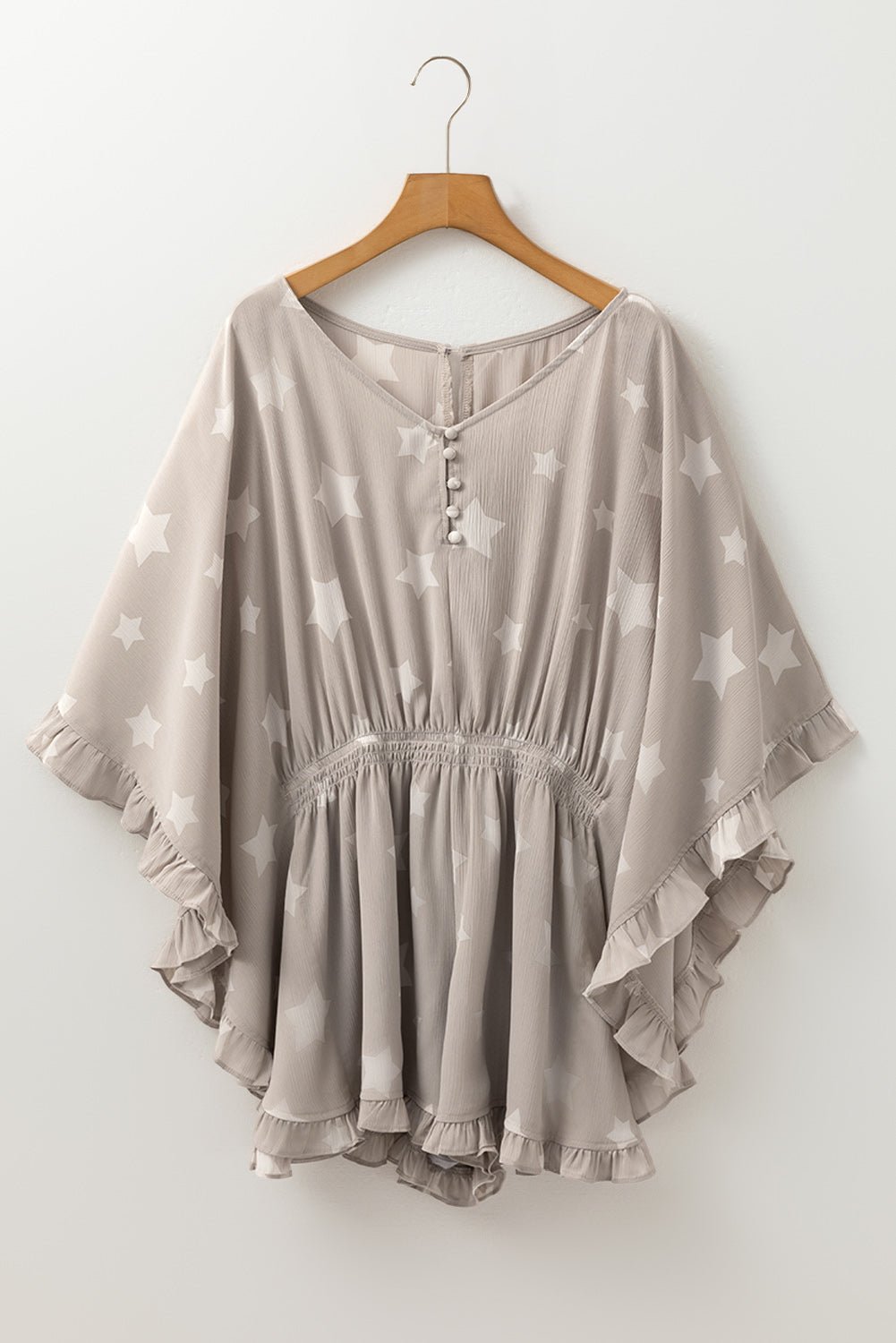 Gray Star Print Crinkle Textured Kimono Ruffle Sleeve Romper - Chaelisa's New Jammies