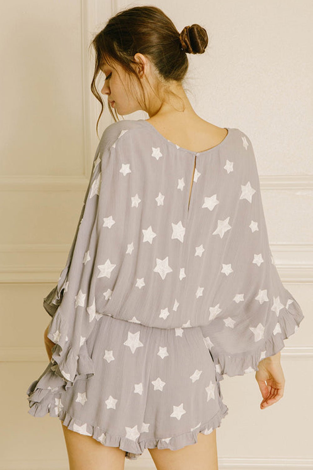 Gray Star Print Crinkle Textured Kimono Ruffle Sleeve Romper - Chaelisa's New Jammies