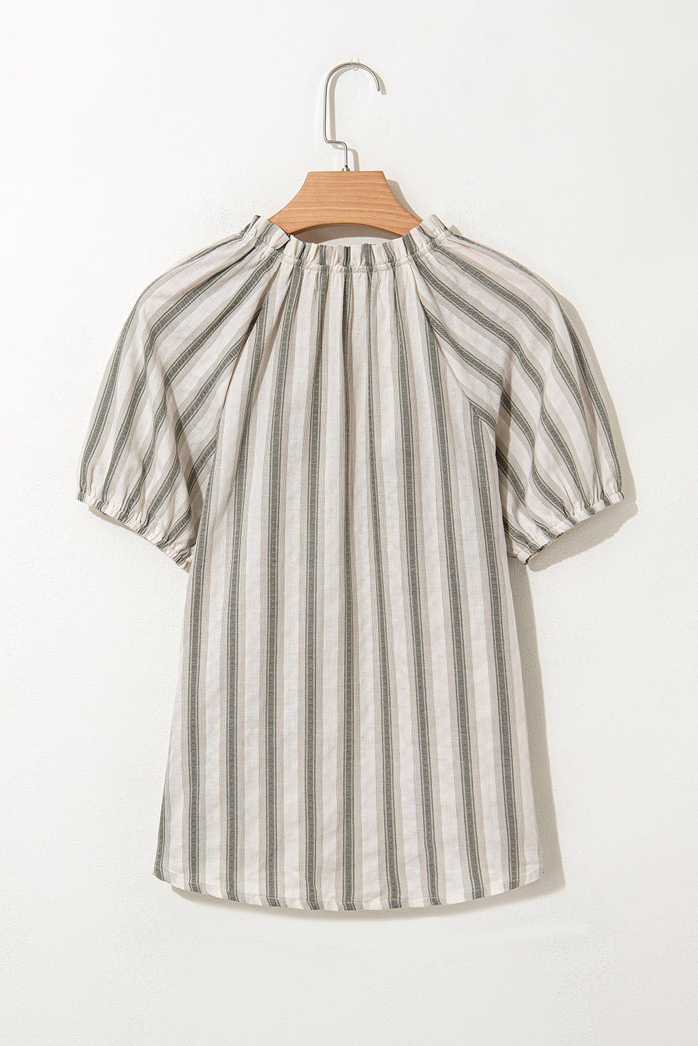 Gray Stripe Frilled Tie Neck Short Sleeve Blouse - Chaelisa's New Jammies