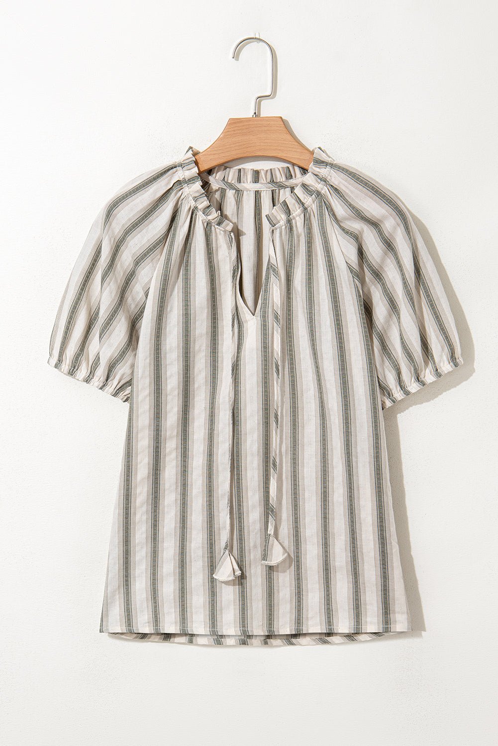 Gray Stripe Frilled Tie Neck Short Sleeve Blouse - Chaelisa's New Jammies