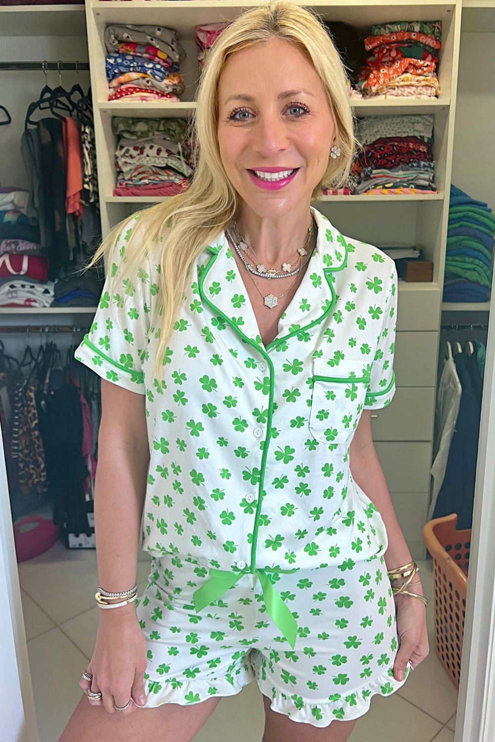 Green Clover Printed Short Sleeve and Ruffled Shorts Pajama Set - Chaelisa's New Jammies