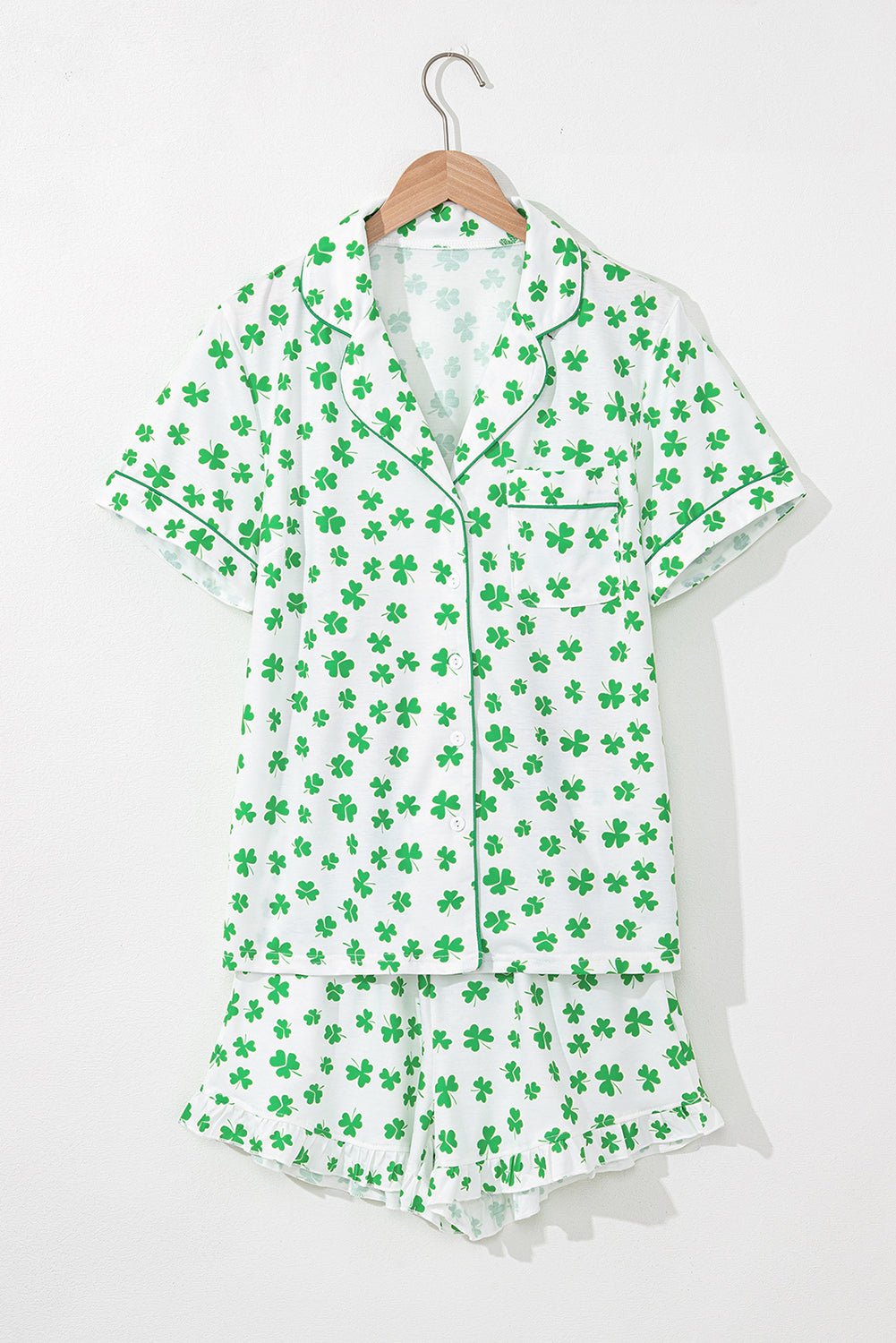 Green Clover Printed Short Sleeve and Ruffled Shorts Pajama Set - Chaelisa's New Jammies