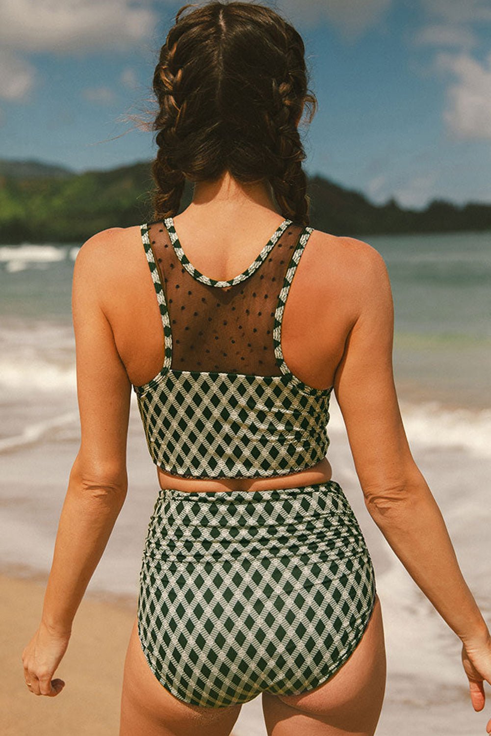Green Dotted Mesh Plaid Patchwork High Waisted Bikini - Chaelisa's New Jammies