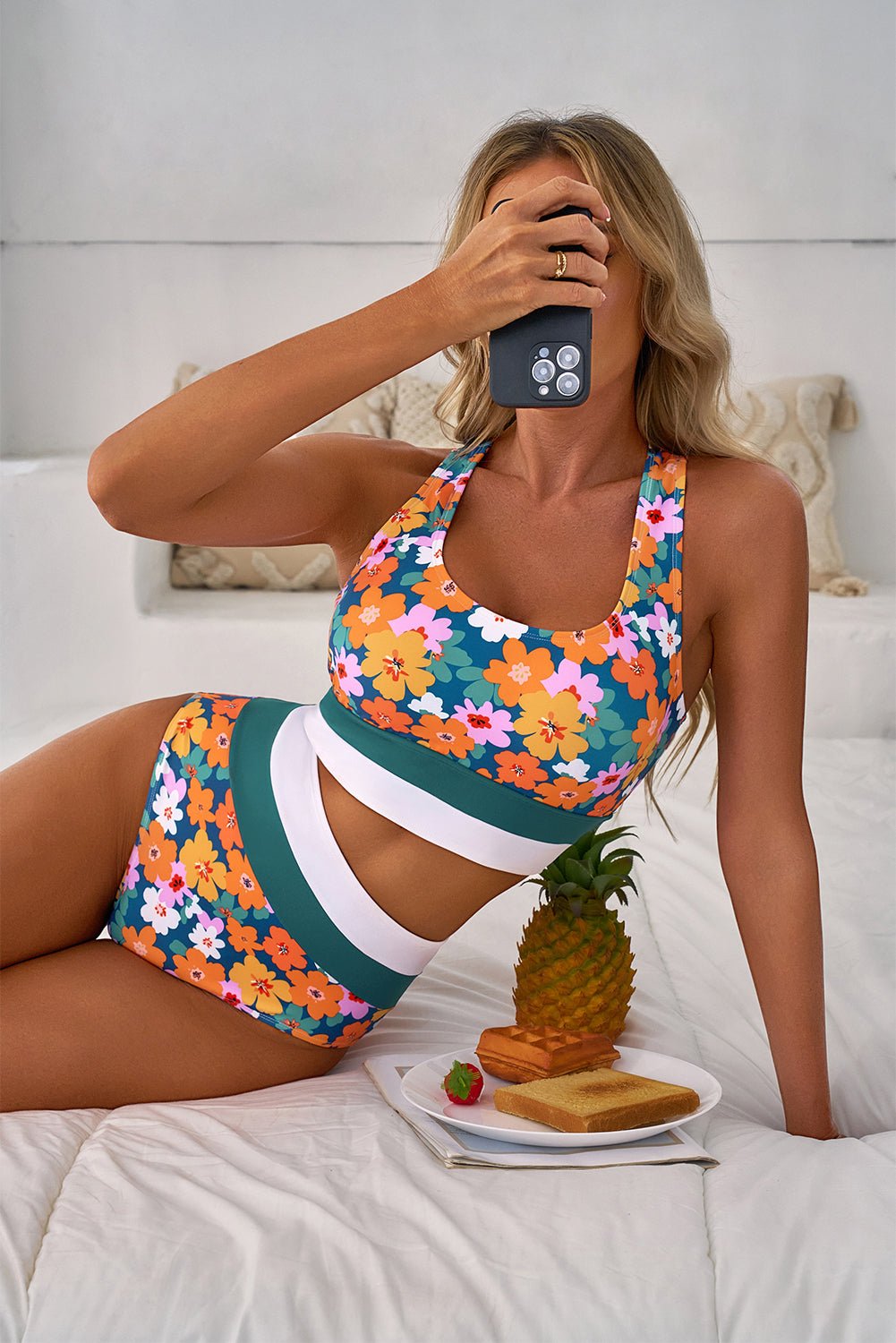 Green Floral Print Racerback Cutout High Waist 2pcs Bikini - Chaelisa's New Jammies