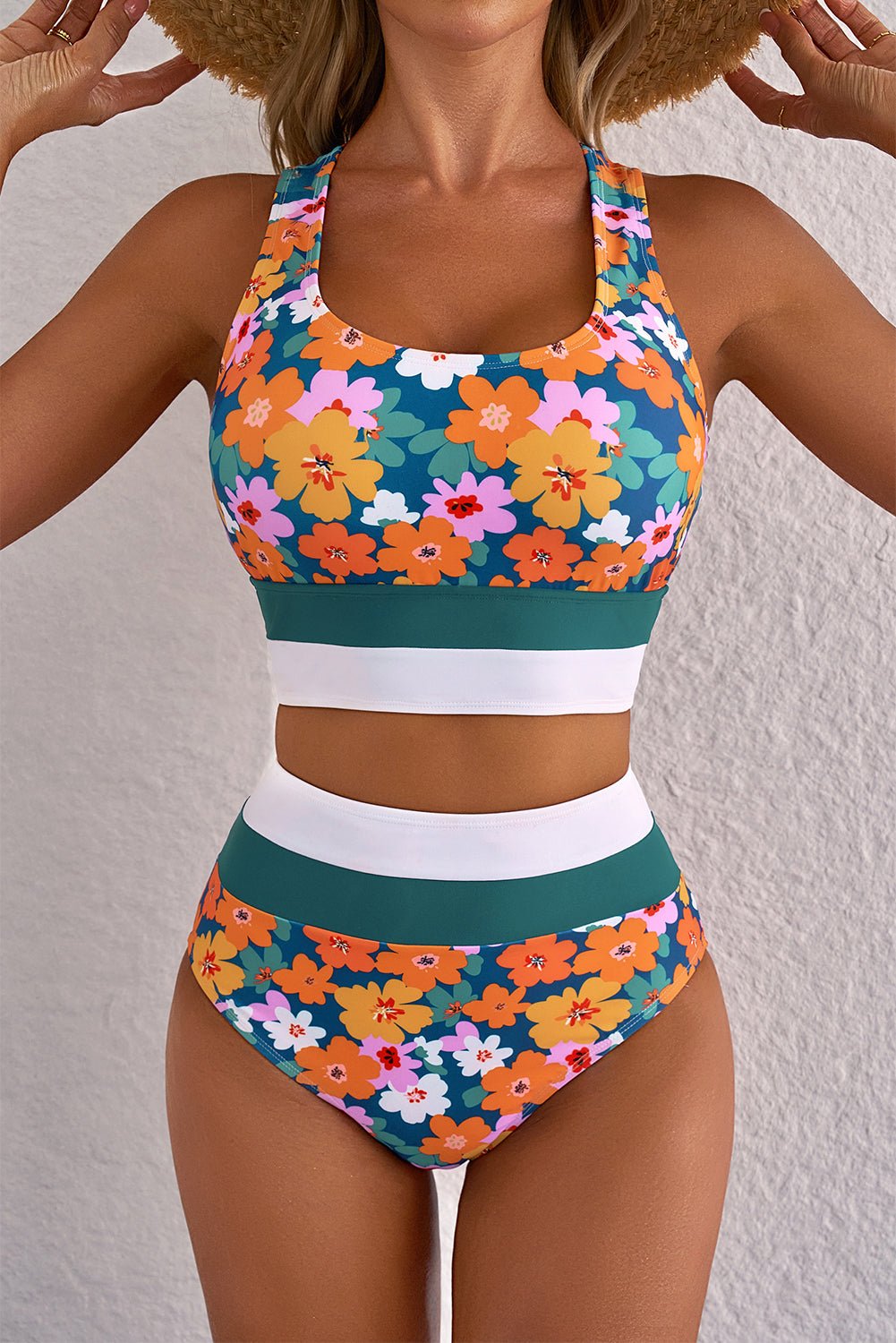 Green Floral Print Racerback Cutout High Waist 2pcs Bikini - Chaelisa's New Jammies