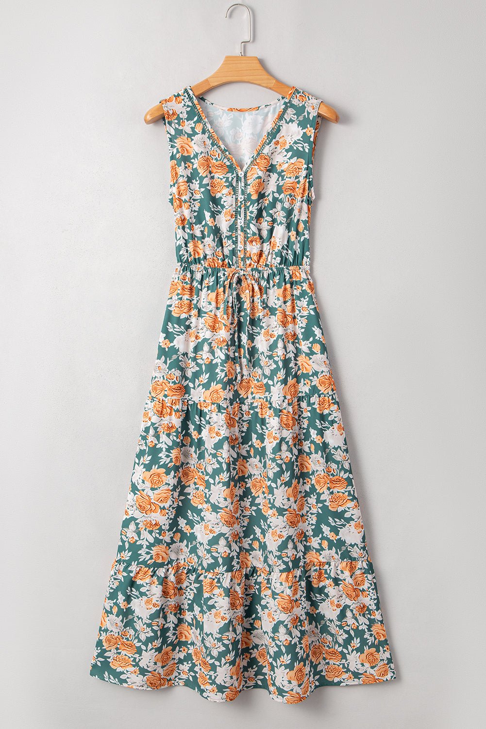 Green Floral Print Trimmed V Neck Tie Waist Sleeveless Holiday Long Dress - Chaelisa's New Jammies