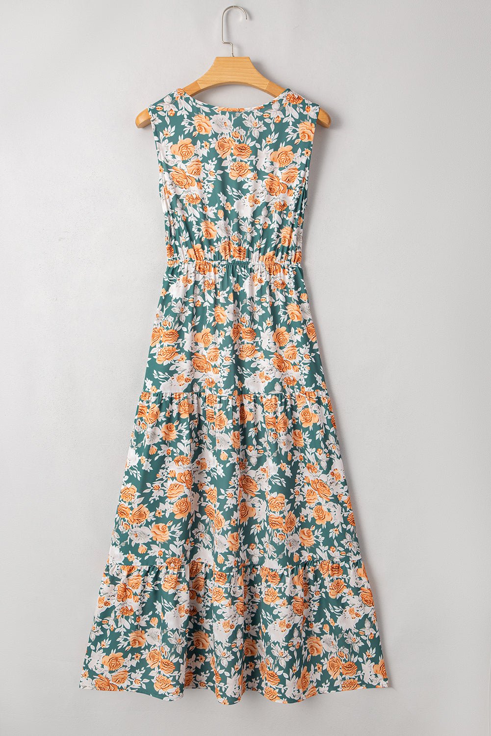 Green Floral Print Trimmed V Neck Tie Waist Sleeveless Holiday Long Dress - Chaelisa's New Jammies