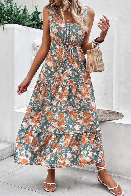 Green Floral Print Trimmed V Neck Tie Waist Sleeveless Holiday Long Dress - Chaelisa's New Jammies