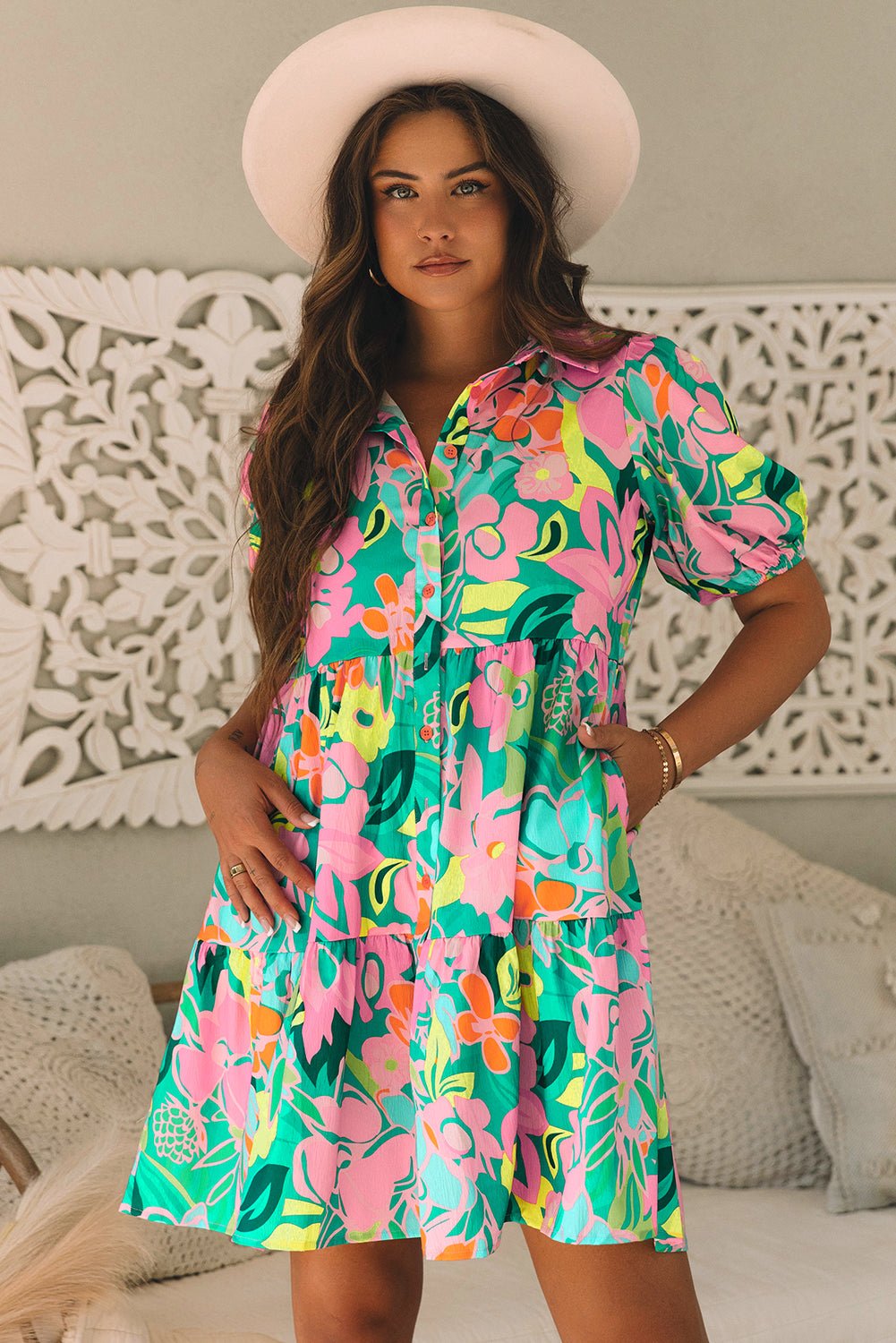 Green Floral Puff Sleeve Collar Buttoned Babydoll Dress - Chaelisa's New Jammies