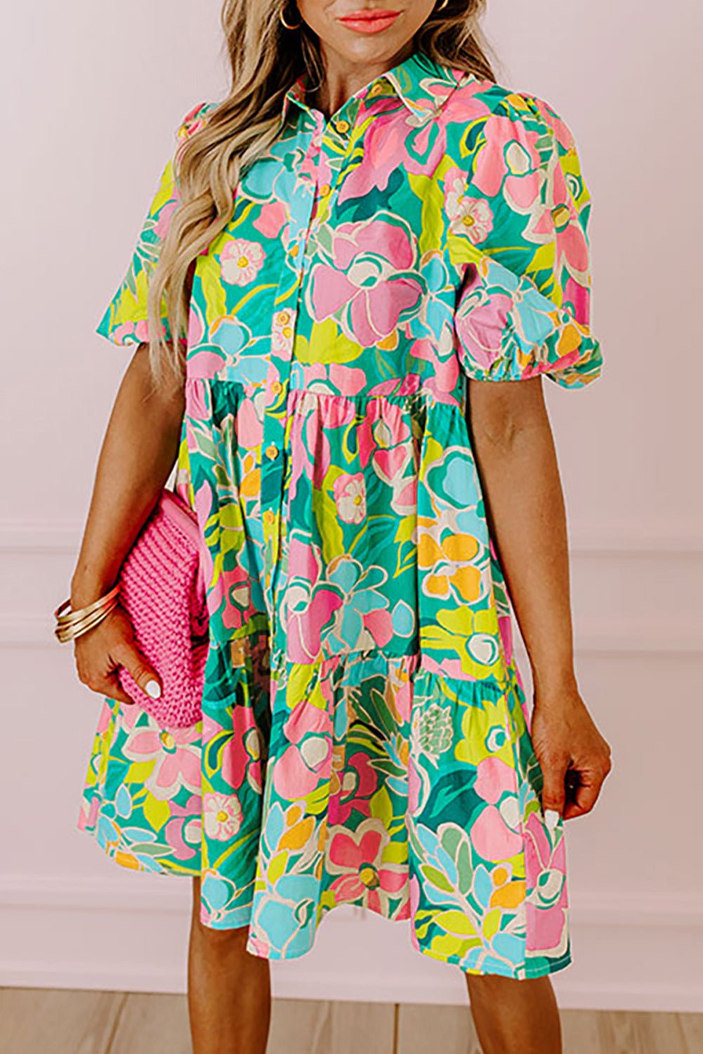 Green Floral Puff Sleeve Collar Buttoned Babydoll Dress - Chaelisa's New Jammies