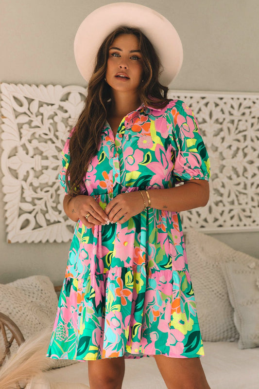Green Floral Puff Sleeve Collar Buttoned Babydoll Dress - Chaelisa's New Jammies