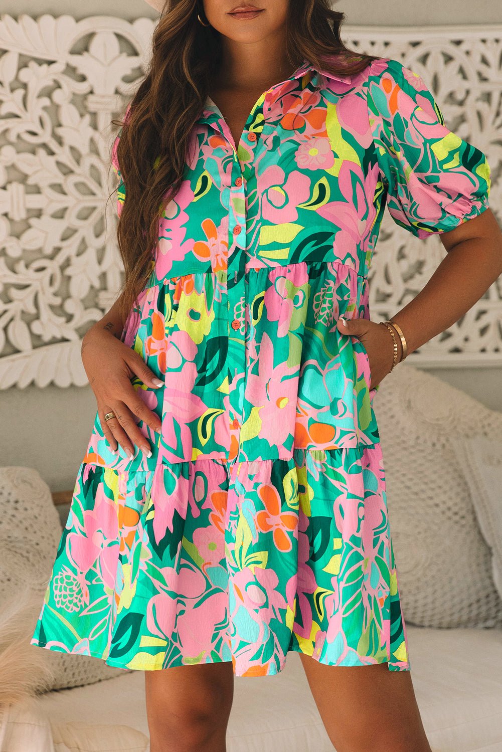 Green Floral Puff Sleeve Collar Buttoned Babydoll Dress - Chaelisa's New Jammies