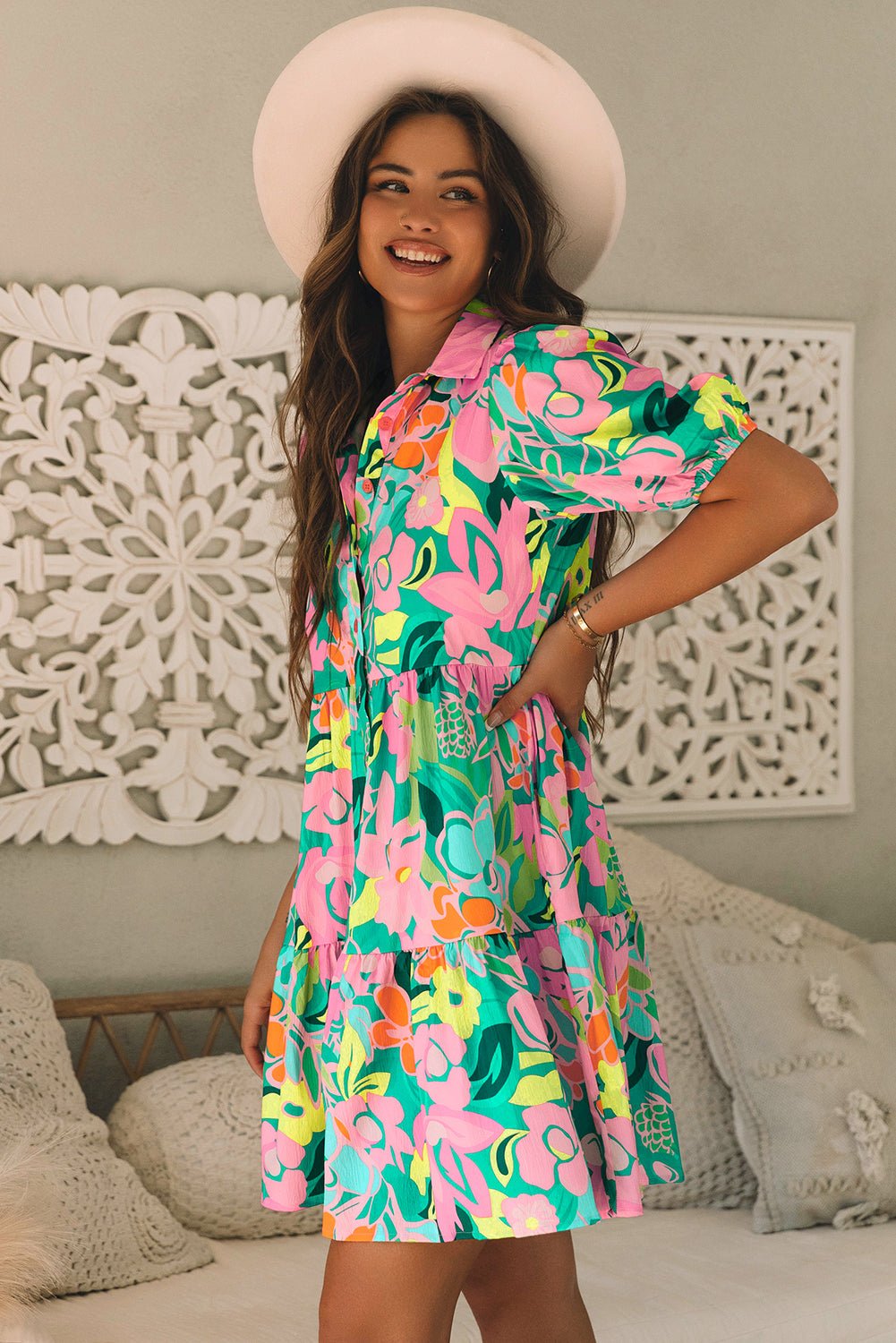 Green Floral Puff Sleeve Collar Buttoned Babydoll Dress - Chaelisa's New Jammies