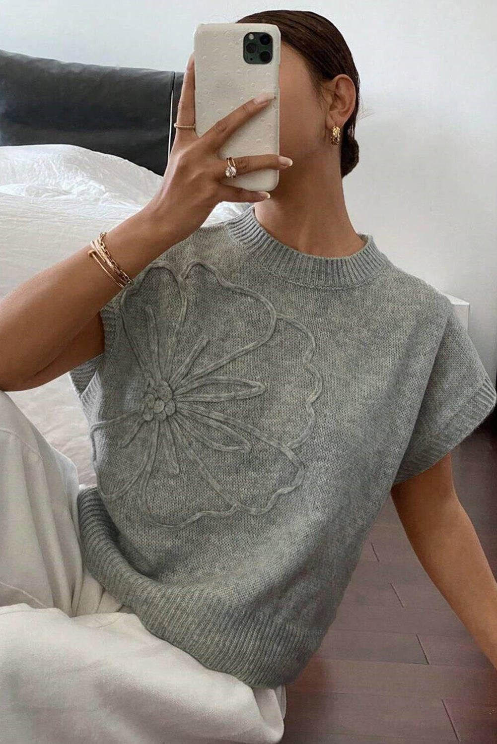 High Flower Pattern Ribbed Trim Short Sleeve Boxy Sweater - Chaelisa's New Jammies