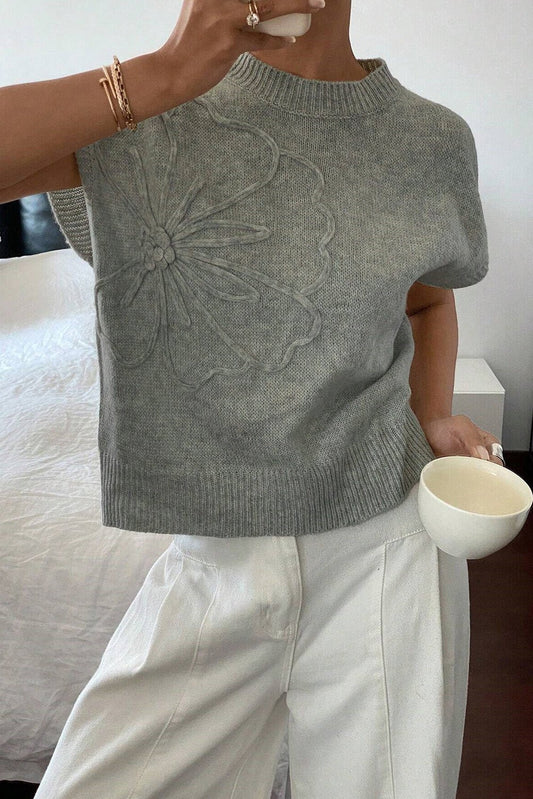 High Flower Pattern Ribbed Trim Short Sleeve Boxy Sweater - Chaelisa's New Jammies