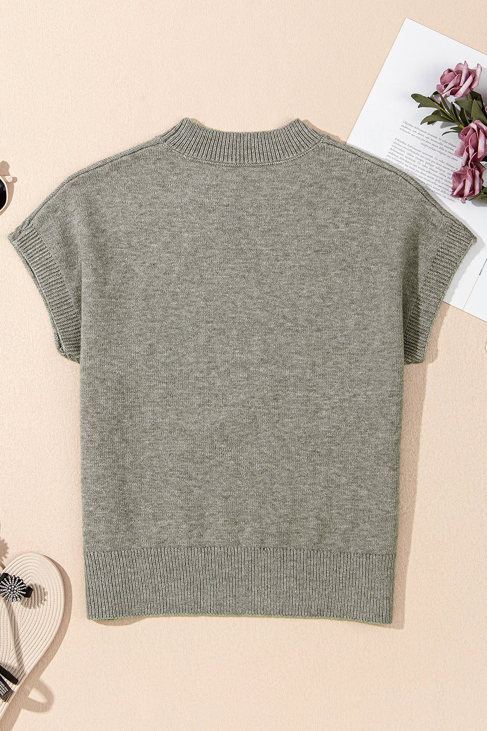 High Flower Pattern Ribbed Trim Short Sleeve Boxy Sweater - Chaelisa's New Jammies
