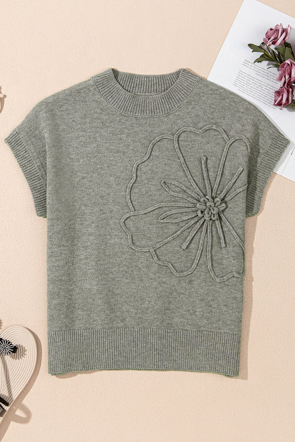 High Flower Pattern Ribbed Trim Short Sleeve Boxy Sweater - Chaelisa's New Jammies
