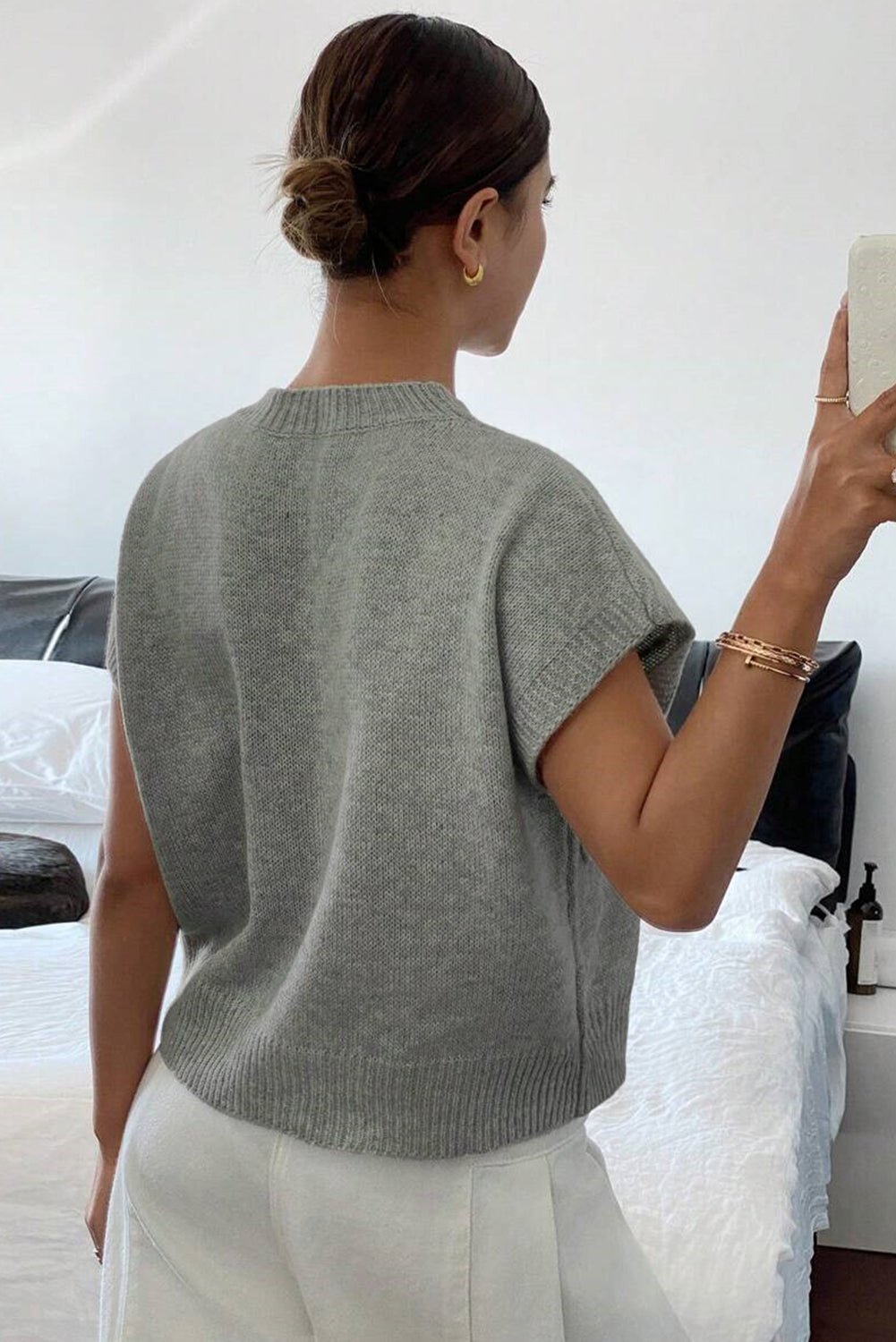 High Flower Pattern Ribbed Trim Short Sleeve Boxy Sweater - Chaelisa's New Jammies