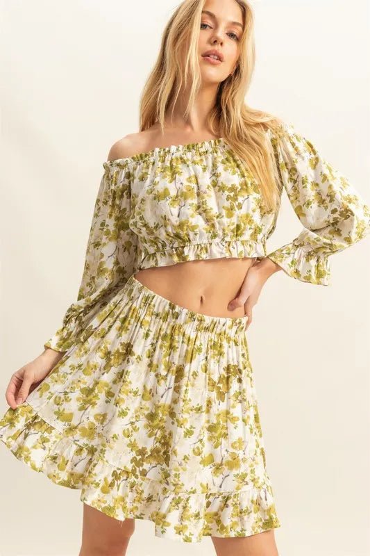 HYFVE Floral Off - Shoulder Flounce Sleeve Top and Skirt Set - Chaelisa's New Jammies
