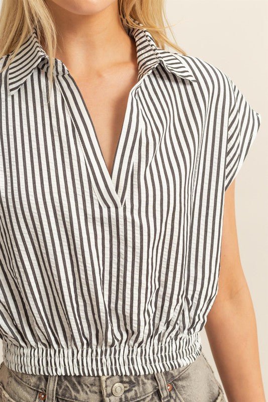 HYFVE Striped Elastic Hem Johnny Collar Cap Sleeve Blouse - Chaelisa's New Jammies