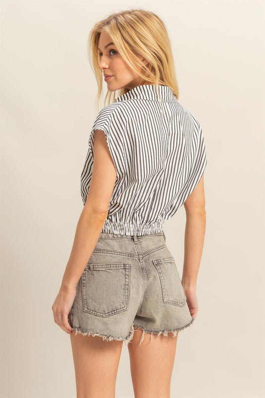 HYFVE Striped Elastic Hem Johnny Collar Cap Sleeve Blouse - Chaelisa's New Jammies