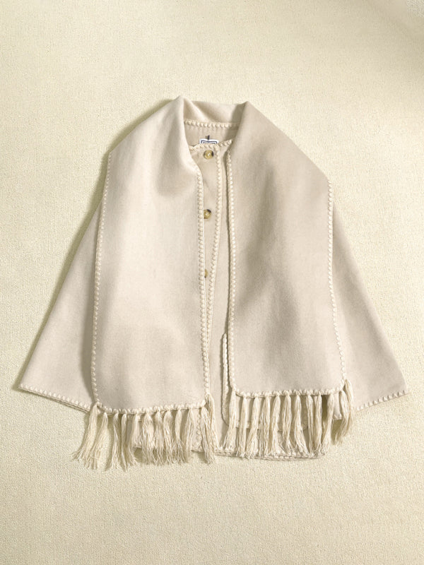 New wool blend coat fringed scarf collar loose woolen coat