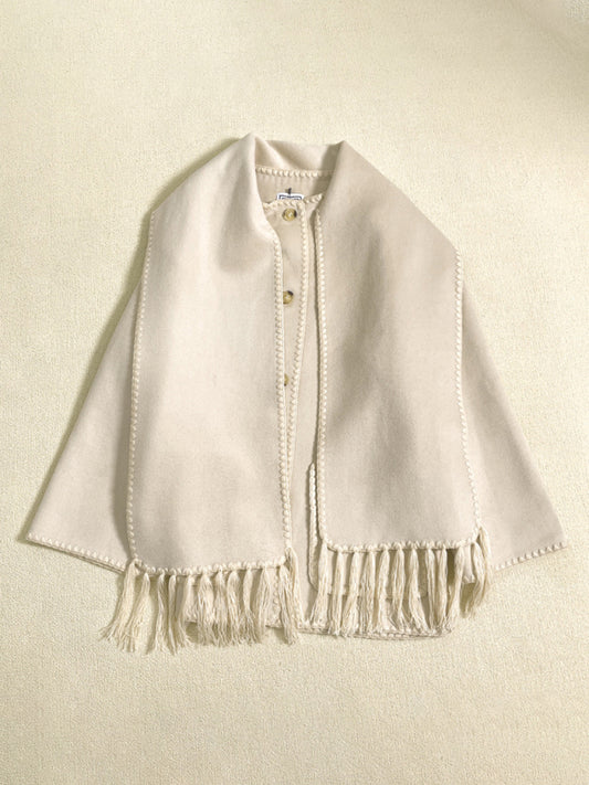 New wool blend coat fringed scarf collar loose woolen coat